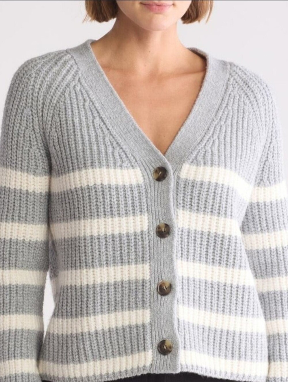 Caslon Gray and Cream Striped V-Neck Button Cardigan